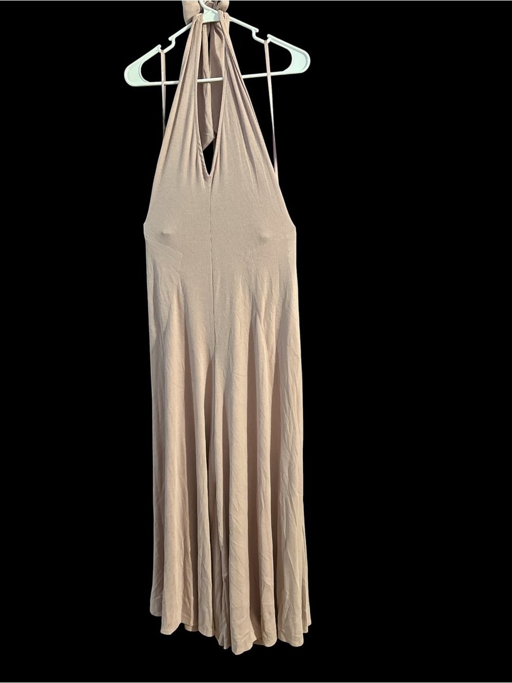 Free People Beach Knit Halter Jumpsuit Tan L Wide Leg Backless Boho Lounge $70